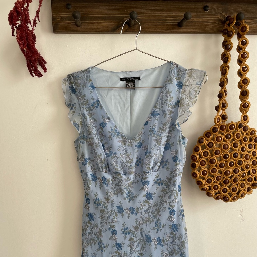 Blue Boho Flower Print Babydoll Style Midi Dress